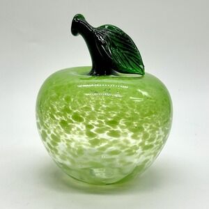 Murano Style Green Art Glass Apple Paperweight Hand Blown Bubble Spotted Leaf 5"